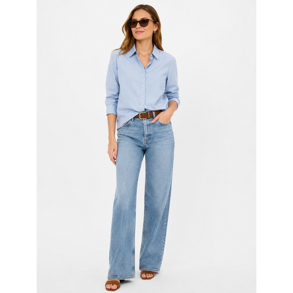 The Shirt Rochelle Behrens Boyfriend Shirt LG Blue Button Down No Gape Stretch
